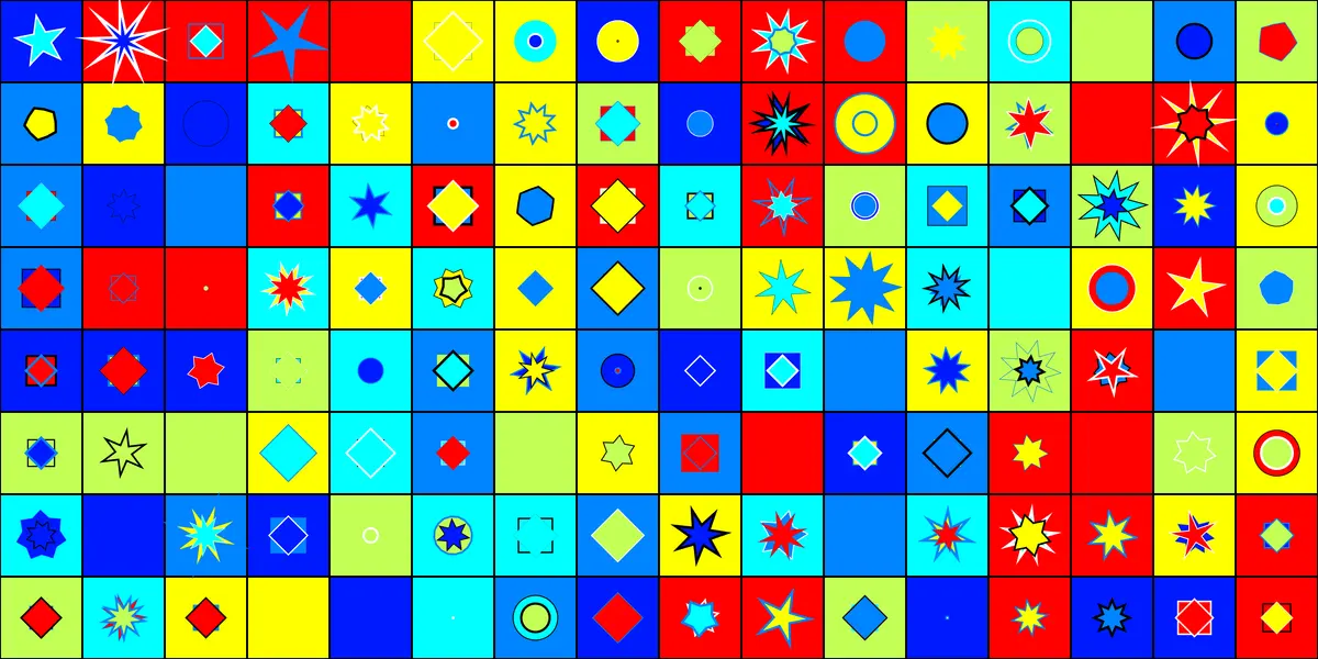 Mit p5.js gezeichnetes Raster aus bunten Formen und Sternen